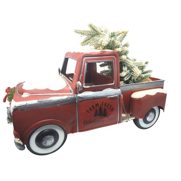 Vintage Farm Fresh Christmas Trees Red Metal Truck With Light-Up Decor & Faux Sn - Picture 1 of 9